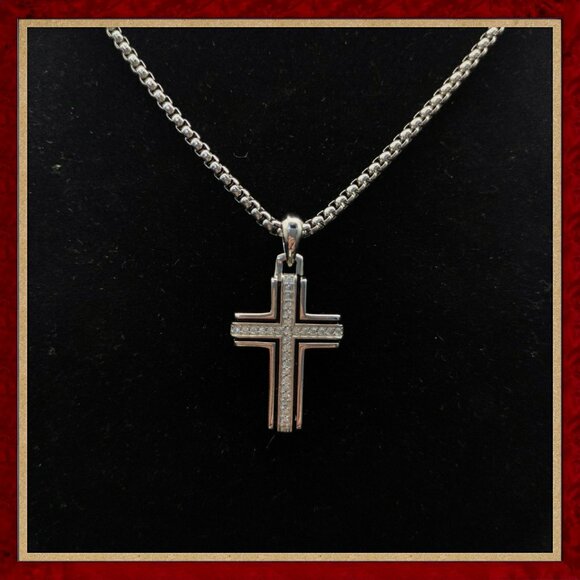 David Yurman Silver Cross Diamond Necklace - Picture 1 of 9